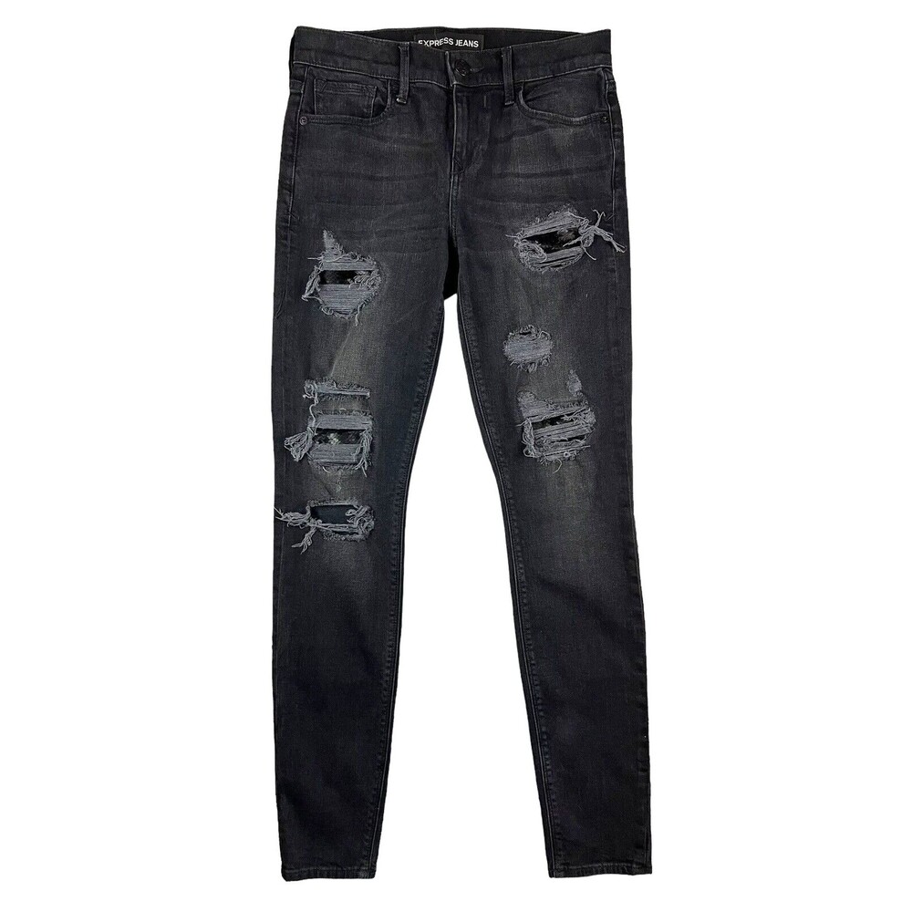 EXPRESS Jeans  Women's 2  Skinny Legging Mid-Rise  Black Distressing w Sequins
